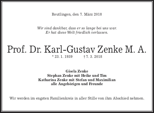 Traueranzeige Karl G. Zenke